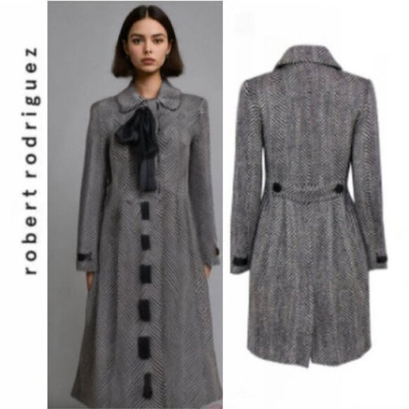 Robert Rodriguez Black White  Coat Woven Chevron Longline With Tie Size 12 - Picture 1 of 16